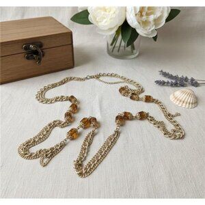 Sarah Coventry Festoon Necklace Faux Amber Bead Multi Chain Gold Tone 52 Inch